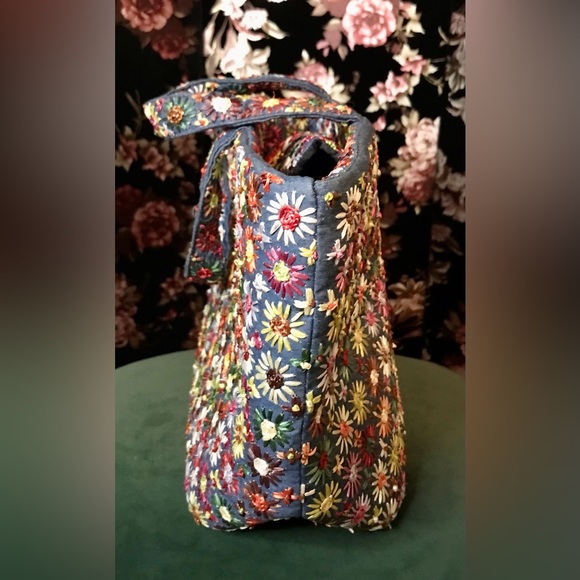 Pierre Urbach Structured Multicolor Embroidered Floral Snap Top Closure Tote Bag - Picture 5 of 8